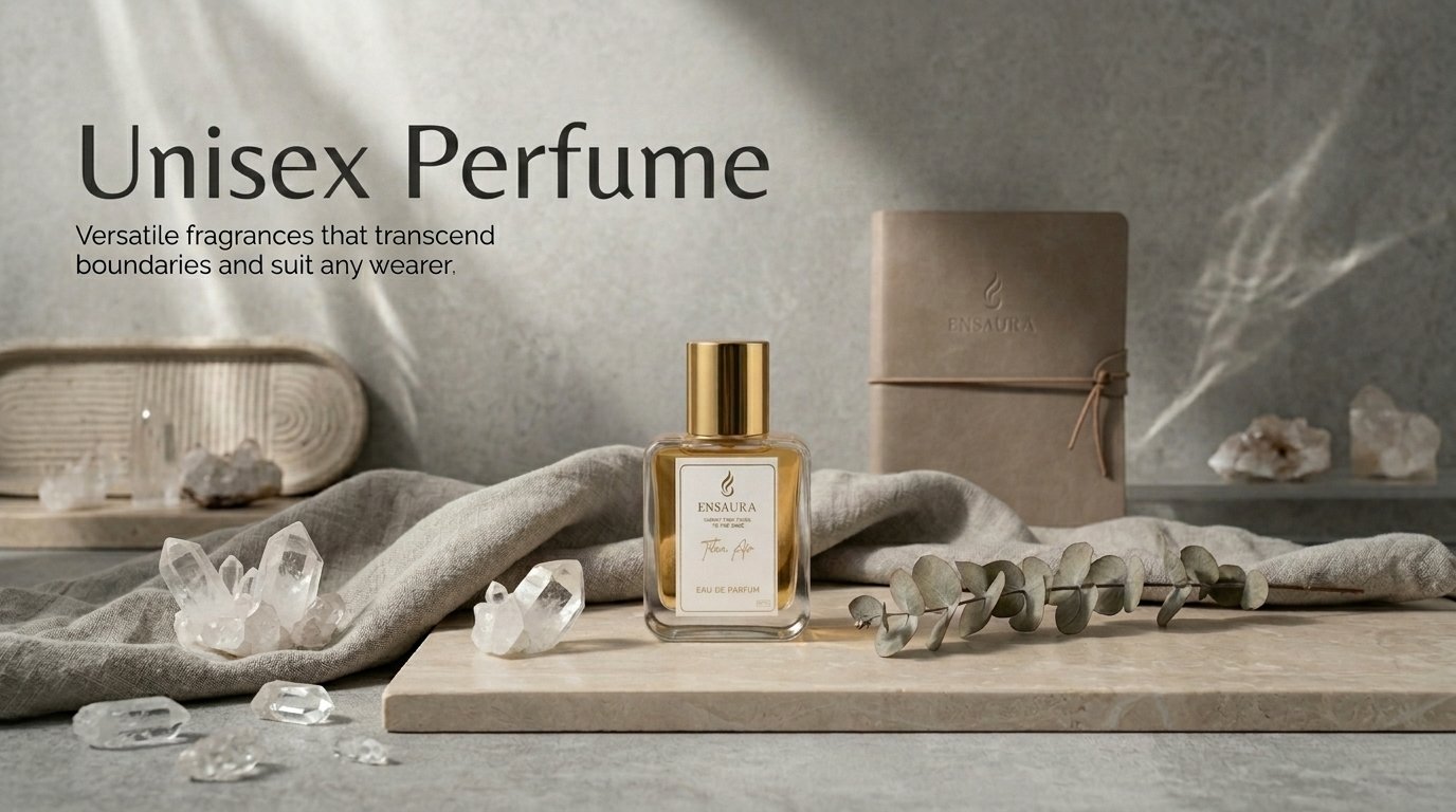 Modern unisex perfume with clean minimal aesthetic and neutral tones